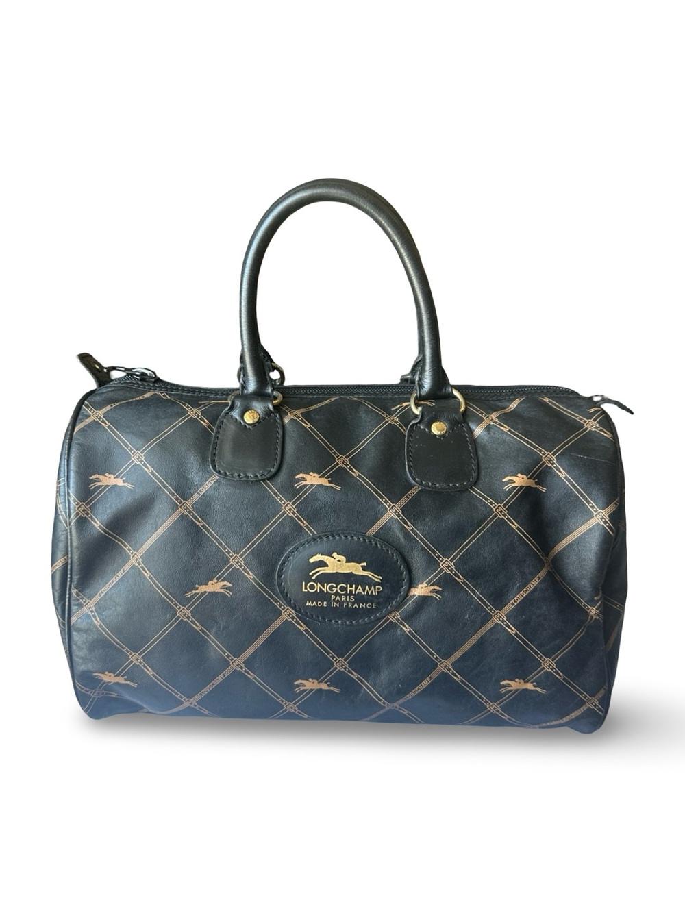 Authentic Vintage Longchamp Paris Leather Duffle Bag Horse Monogram France